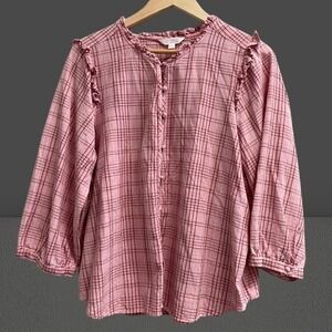 LC Lauren Conrad Women's Pink Plaid Ruffle Trim Blouse XXL